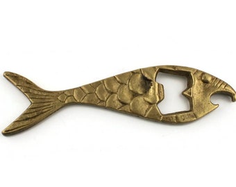 Vintage Brass Bottle Opener, Fish Shaped Cap Opener, Antique Fish Handle, Barware Accessory, Small Collectible Gift, Cast Brass Ornate