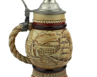 Boccale da birra brasiliano Avon da 0,8 litri, boccale vintage in porcellana dipinto a mano, boccale con coperchio in peltro, boccale da birra in ceramica del Brasile del 1977