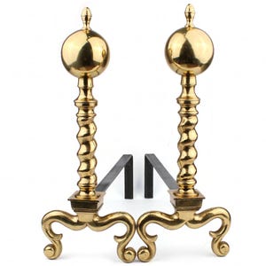 Vintage Tall Brass Andirons, Fireplace Brass Firedogs , Antique French Andirons, Brass Fireplace Accessory, Brass Andiron Pair From France