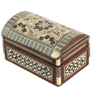 Portagioie con intarsi in madreperla, portagioie egiziano, scatola portaoggetti antica in legno con decorazioni, piccola scatola per anelli, decorazione per scrivania