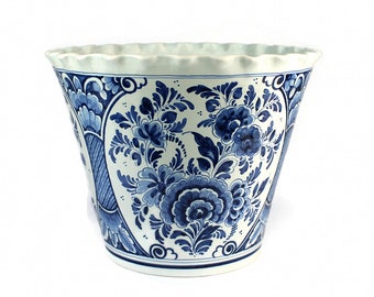 Maceta Delft O.U.D. Holland, jarrón antiguo de Delft pintado a mano, maceta de cerámica de Delft de principios del siglo XX, maceta azul y blanca, firmada S.V.O. Delft