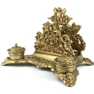 Tintero doble antiguo y soporte para cartas, tintero de Francia, soporte para cartas de latón fundido en relieve del siglo XIX, tintero francés, decoración de escritorio de oficina vintage