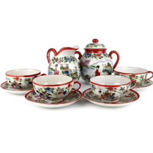 Japanese Porcelain Tea Set, Japanese Coffee Set, Hand Painted Japanese Porcelain Tea Coffee Set of 4 with Geisha Motifs