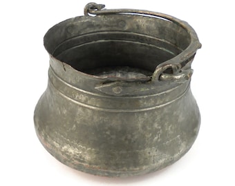 Vintage vertinde koperen kookpot met koperen handvat, open haard koperen ketel, kleine koperen ketel, koperen kookgerei, koperen vuurplaatspot