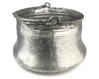 Vintage vertinde koperen kookpot met koperen handvat, open haard koperen ketel, middelgrote koperen ketel, koperen kookgerei, koperen vuurplaatspot