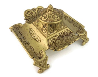 19th Century French Inkwell, Antique Brass Inkwell France, 1800s Single Inkwell, Ornate Cast Brass Inkwell, Office Decor, Engraved Inkwell