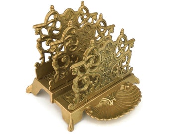 20th Century French Letter Holder, Brass Envelope Stand With Seashell Tray, Ornate Brass Letter Holder France, Office Deck Decor
