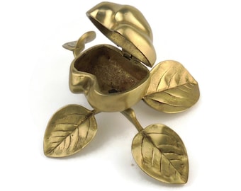 Brass Apple Jewelry Box, Vintage Jewellery Storage Box Shaped Like An Apple Branch With Leaves, Cast Brass Trinket, Dressing Table Decor