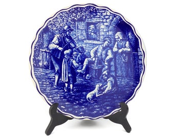 Boch Ceramic Display Plate With Stand, Late 20th Century Blue Plate With Stand, Collectible Plate Illustrated With A Countryside Setting