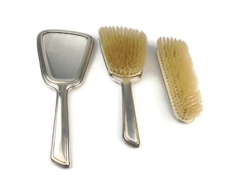 Alpacca Silver Plated 3 Piece Vanity Set, Dressing Table Accessories, Travel Vanity Mirror And Brushes, Vintage Coat And Clothes Brush