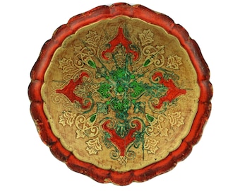 Vassoio in legno italiano, vassoio da portata Italia, decorato a mano, vassoio fiorentino vintage, vassoio decorativo per soggiorno, vassoio dorato, rosso e verde