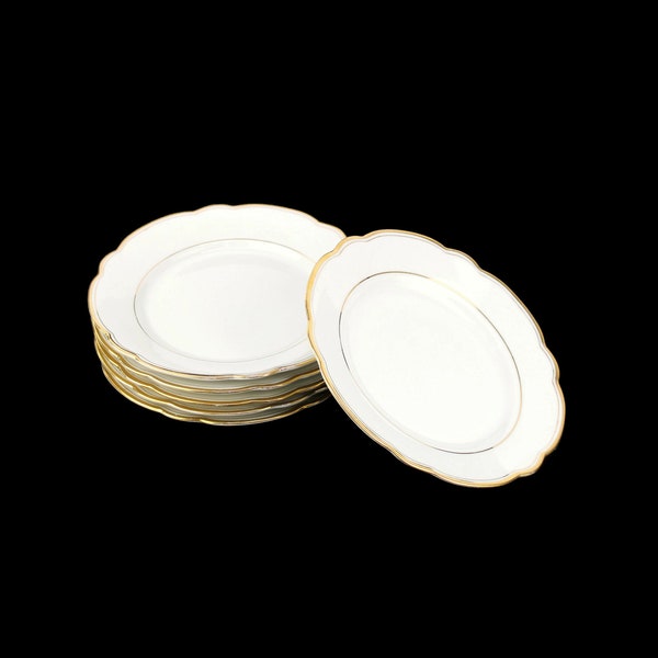 Vintage Porcelain Dessert Plates, German Set Of 6 Plates, Breakfast Serving Set Germany In White With Gold Trim