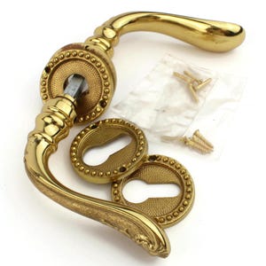 Vintage Brass Door Handle Set, Ornate Gold Lever Set, Rococo Style Handles With Rosettes, French Hardware, 1960s Front Door Decor