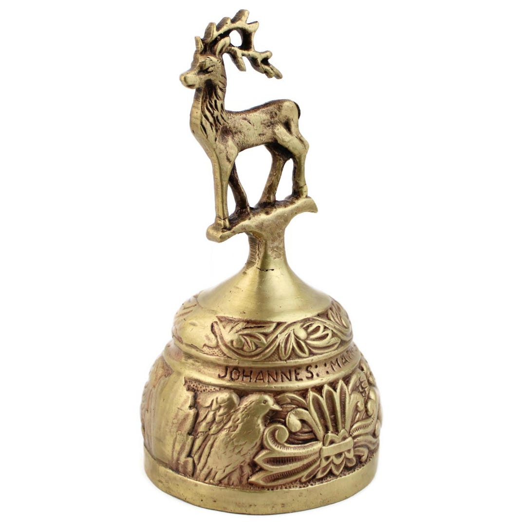 Vintage French Brass Hand Bell, Figural Deer Finial, Four Evangelists ...