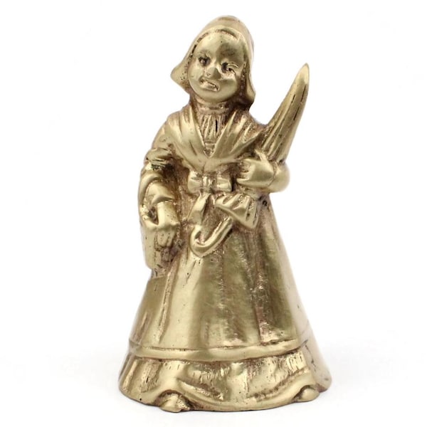 Antique Brass Lady Bell, Figural Woman Handbell With Bonnet And Basket, Collectible Metal Bell, Vintage European Decorative Figurine