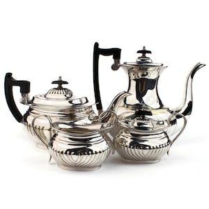 English Silver Plate Tea Set, Viners Sheffield Alpha Plate, Ribbed Coffee Pot, Art Deco Handles, Silver Wedding Gift, Made In England