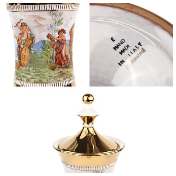 イタリア製磁器の蓋付き壷、フィレンツェ風ゴールドトリムの花瓶