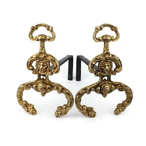 Antique Brass Andirons, Fireplace Brass Firedogs , Vintage French Andirons, Brass Fireplace Accessory, Brass Andiron Pair With Lion Heads
