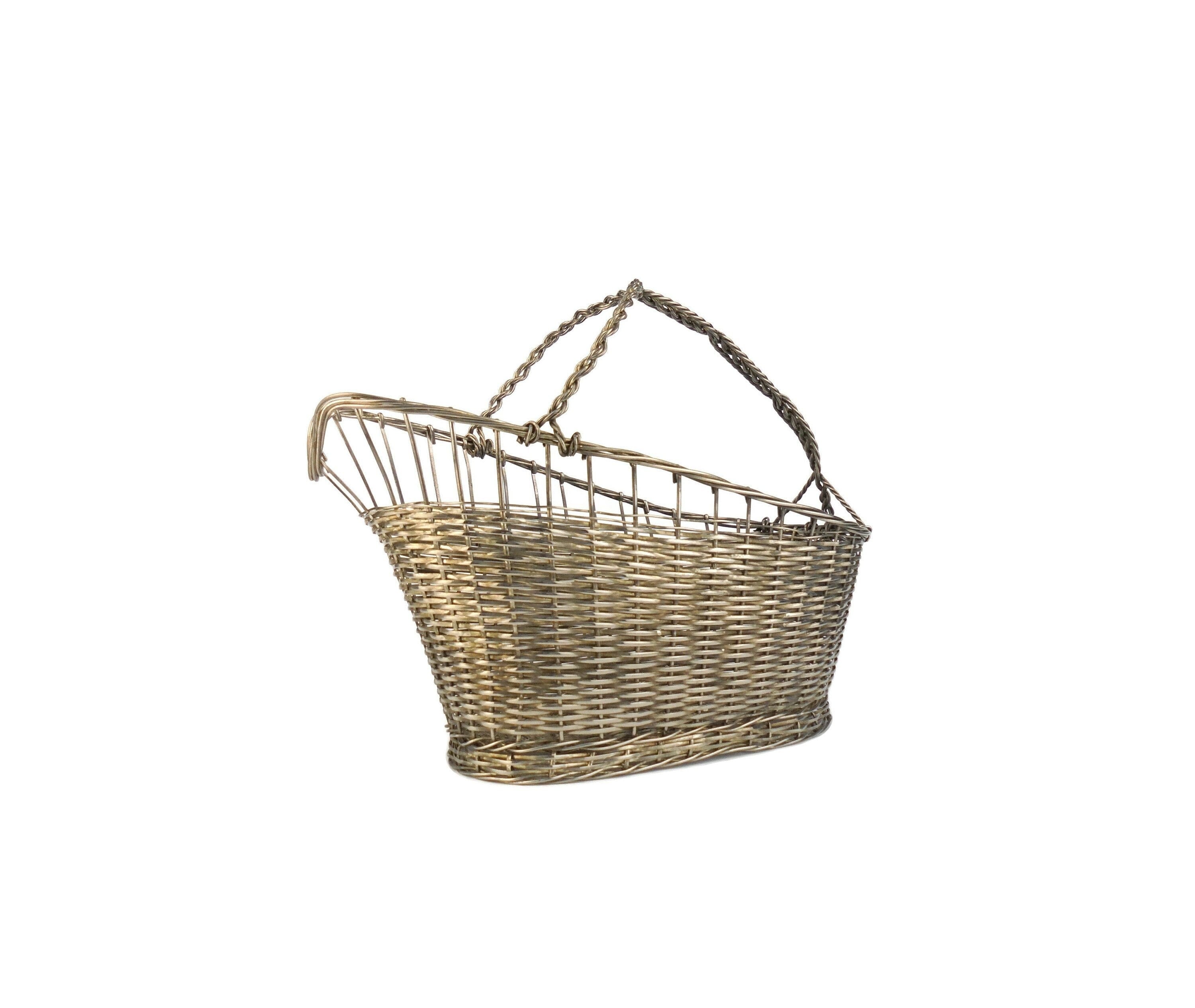 Vintage French Wine Basket, Silver Metal Bottle Holder, Single Bottle Stand, Woven Wirework Carrier, Midcentury Bar Decor France, Gift Idea