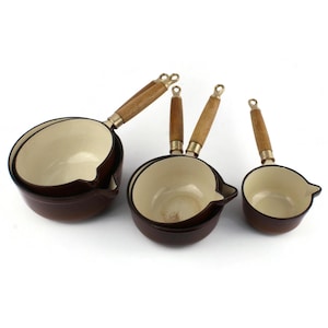 French Cast Iron Saucepan Set Of 5, Vintage Cookware, Hanging Kitchen Decor, Cooking Pans With Wooden Handles,