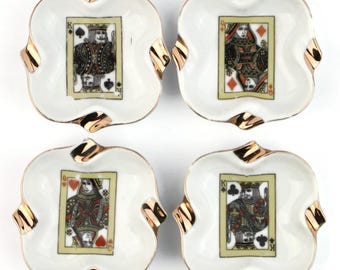 Vintage Keramik Spielkarte Aschenbecher Set, Weiß und Gold Aschenbecher Vierer Set, Poker Karte Motiv Schalen, Mid Century Tischdekoration