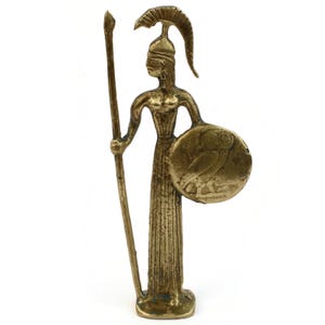 Antyczna brązowa figurka Ateny, rzeźba bogini Ateny z tarczą sowy, statua rzymskiej Minerwy, bogini wojny i mądrości