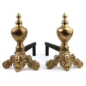Antique Brass Andirons, Fireplace Brass Firedogs , Vintage French Andirons, Brass Fireplace Accessory, Brass Andiron Pair With Cherub Ornate