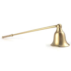 May include: A gold-colored candle snuffer with a bell-shaped head and a long, slender handle. The handle has a series of small, decorative rings near the end. The snuffer is designed to extinguish candles safely.