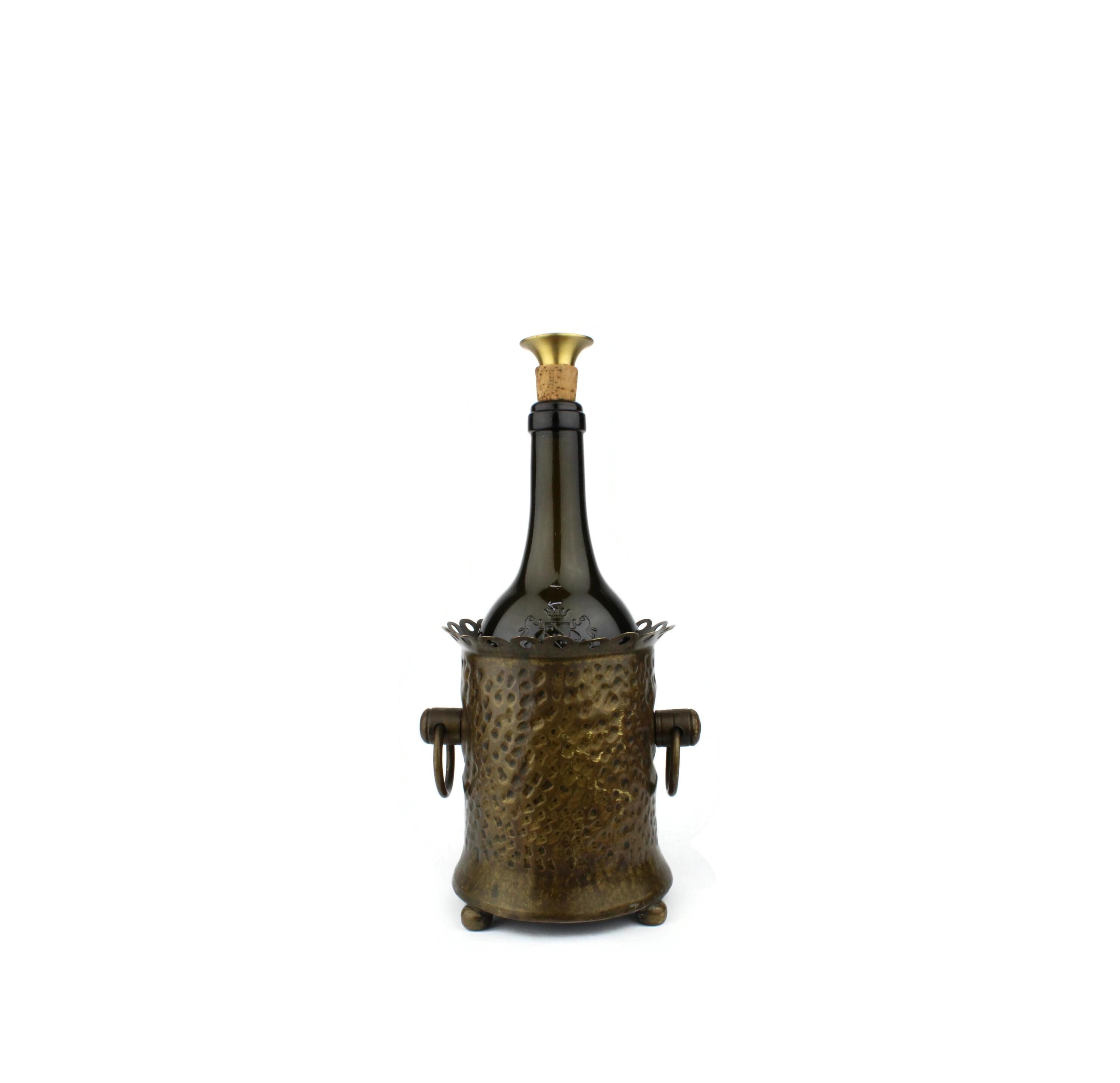Set portabottiglie antico, portabottiglie in ottone patinato, portabottiglie da bar vintage, porta champagne francese, idea regalo martellata a mano