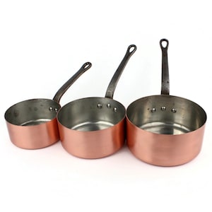 Franse koperen steelpan set van 3, met tin bekleed koperen kookgerei, vintage keukenkoper decor, ingeblikte braadpannen, kookpannen met ijzeren handgrepen