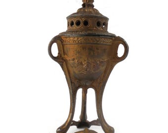 Franse tinnen wierookbrander, bronskleurige wierookvat met deksel, vintage decoratief vat, kleine sierlijke brander, decor huisgeur