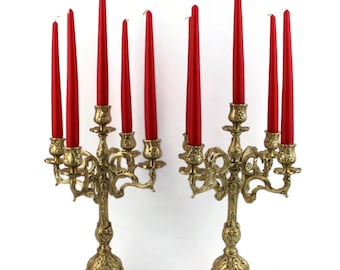 Antique French Candelabra Pair, Candle Holder Set Of 2 With 5 Arms, Candlestick Holders, Cast Brass Embossed Ornate, Table Candle Holders
