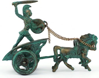 Achilles On Chariot Statue, Greek Hero Figurine, Patinated Bronze Sculpture, Trojan Decor, Iliad Mythology Bronze Warrior, Office Desk Decor