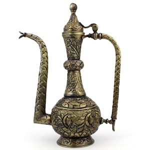 Vintage Decorative Brass Ewer, Antique Brass Pitcher With Ornate, Hand Made Brass Vessel, Antique Embossed Brass Jug,