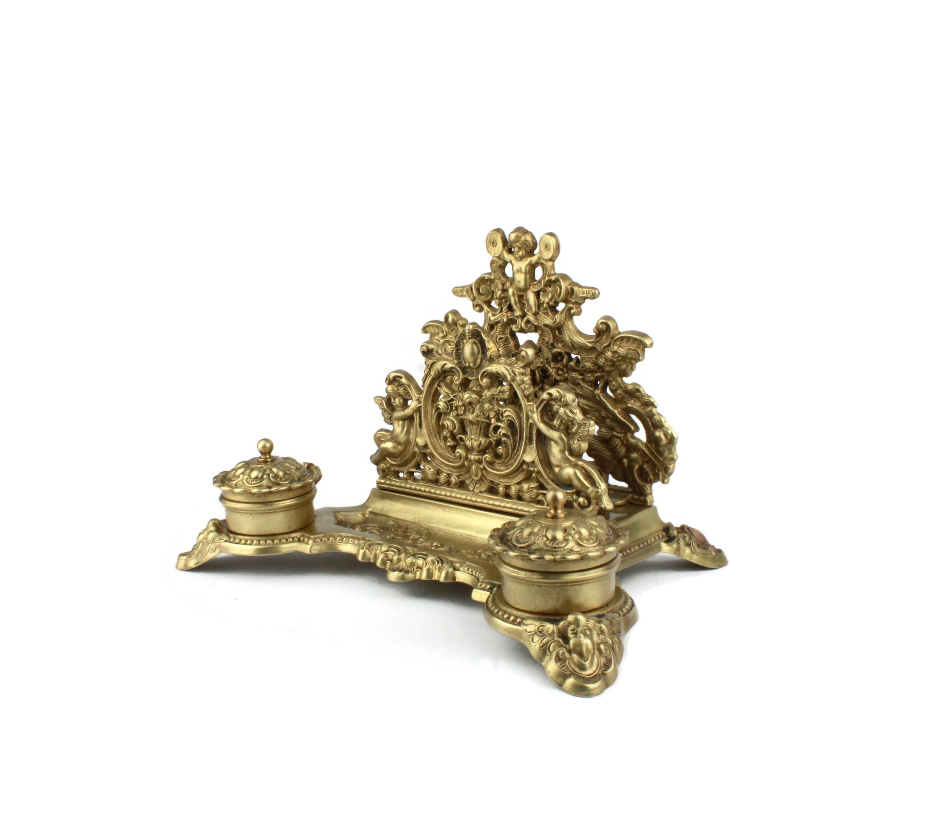 Antique Double Inkwell And Letter Stand, Inkwell France, 1800s Embossed Cast Brass Letter Holder, French Inkwell, Vintage Office Desk Decor