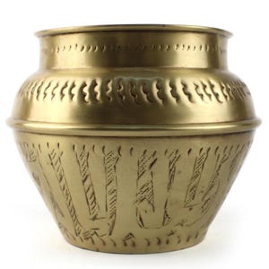 Vintage Brass Planter Pot, Engraved Moroccan Cachepot, Gold Tone Plant Holder, Boho North African Decor