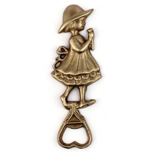 Vintage Brass Bottle Opener, Girl With Hat Figurine Cap Opener, Barware Accessory, Midcentury Kitchen Tool, 1960s France Collectible Gift
