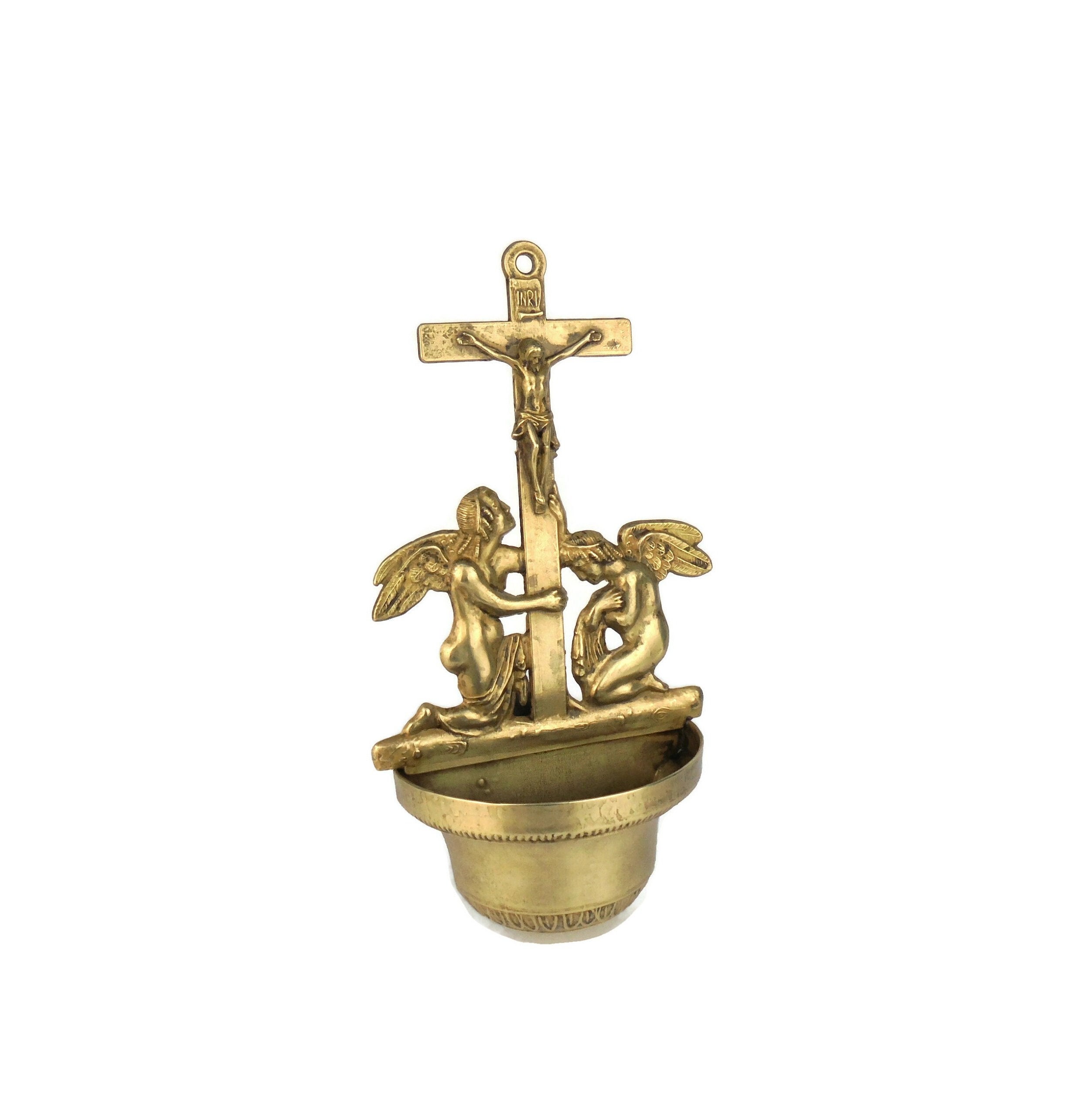 Brass Holy Water Font, Jesus Crucifix With Angels, Wall Hanging Church Stoup, Religious Wall Decor, Church Entrance Basin