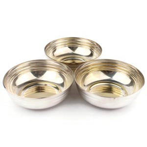 Set Of Three Silver Plated Brass Bowls, Small Ribbed Dishes, Midcentury Condiment Bowls, French Vintage Tableware, 4.5 Inch Size, Trio Set