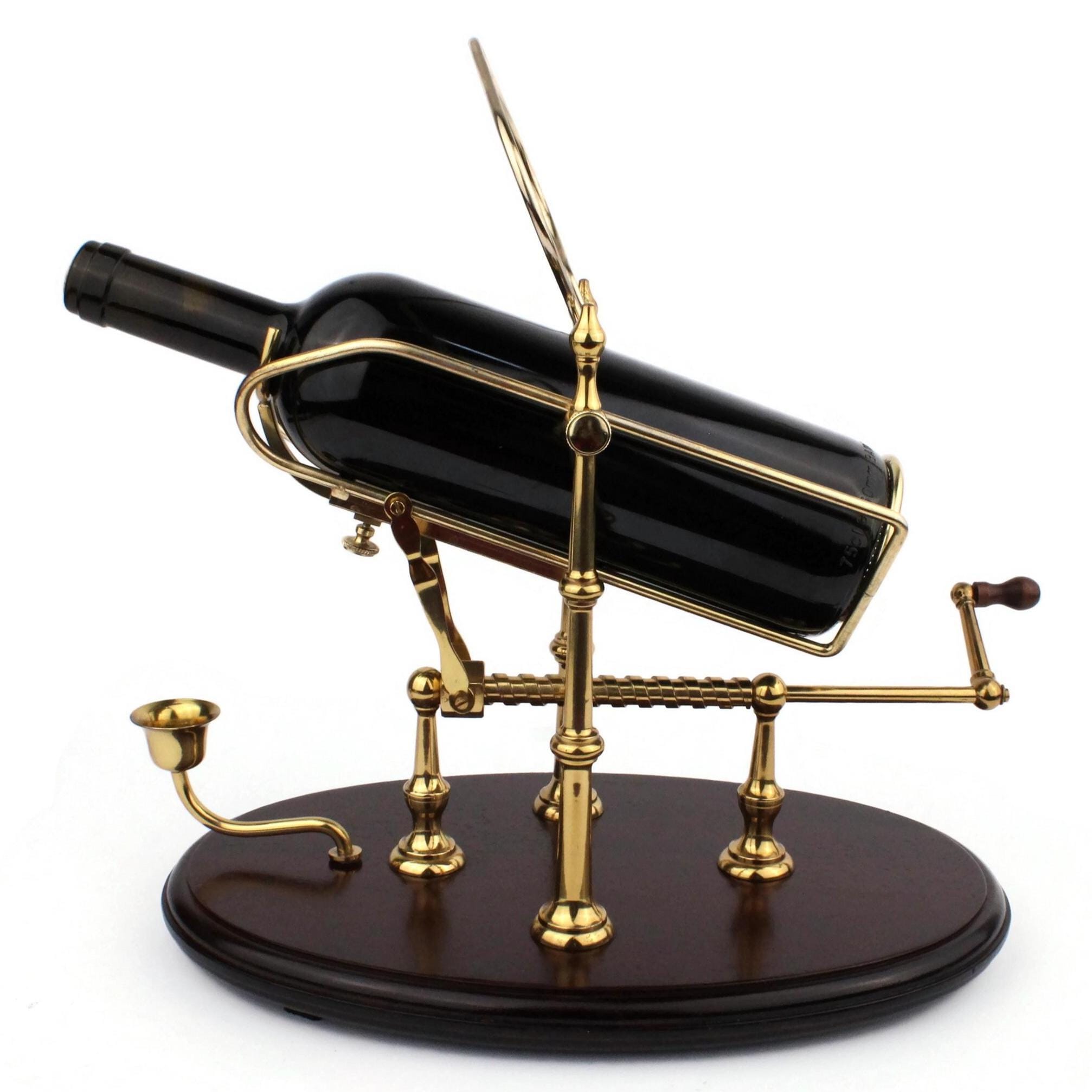 Vintage French Brass Wine Bottle Stand, Holder With Wooden Base