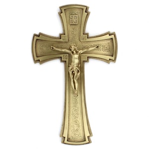Large Brass Wall Crucifix, Vintage INRI Cross With Christ, Gothic Christian Cross Gift, Religious Wall Art, Ornate Catholic Brass Crucifix