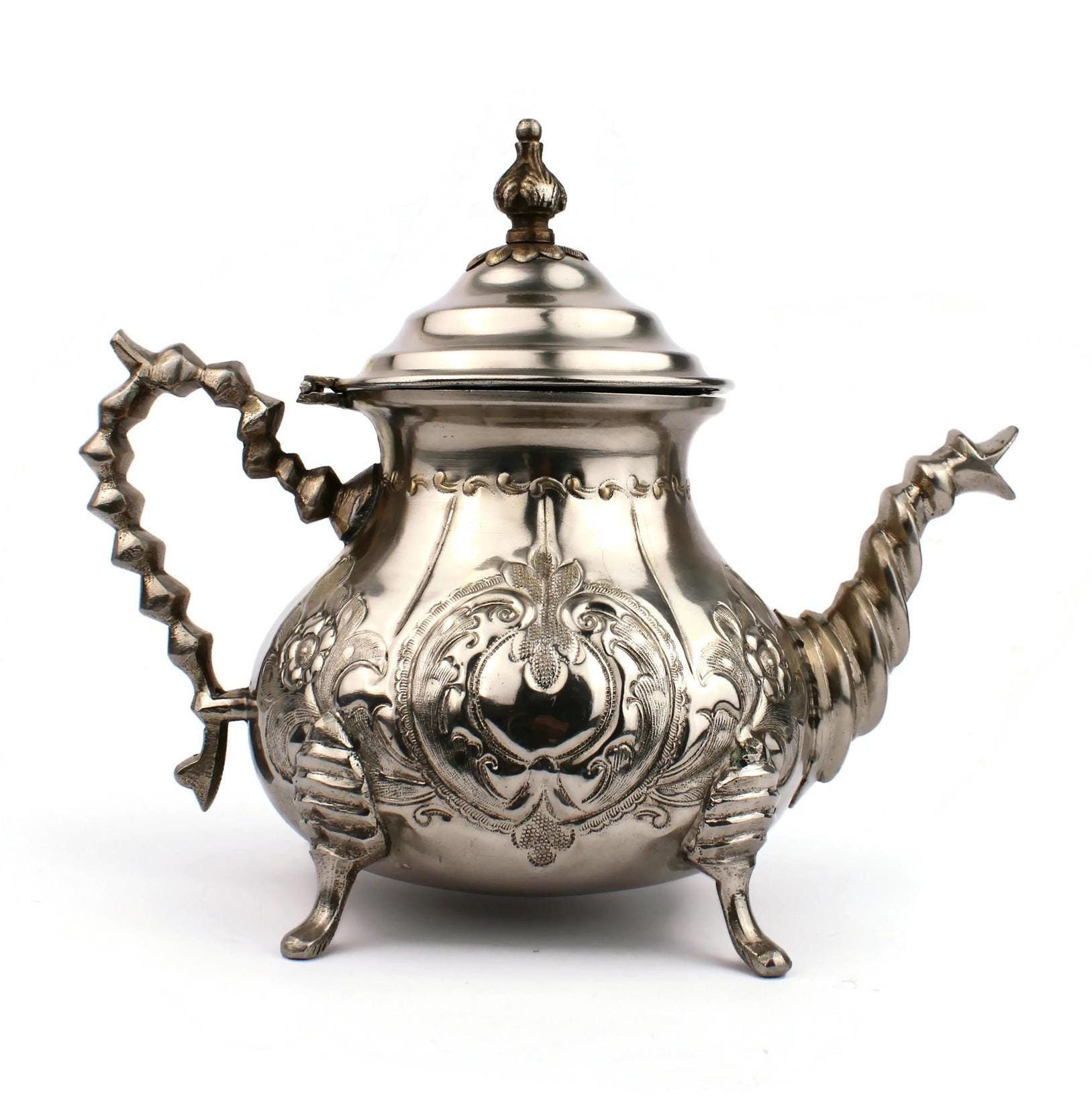 Moroccan Tea Pot, Vintage Chrome Toned Brass Serving Pot, Handmade