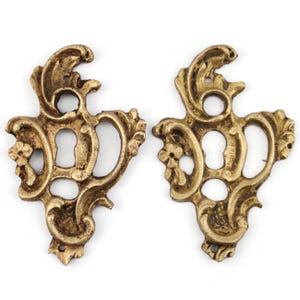 Può includere: Due copri-serratura antichi in ottone con elaborati disegni floreali e a volute. Ogni copri-serratura presenta un buco della serratura ed elementi decorativi, perfetti per progetti di restauro di mobili d'epoca. L'ottone ha una calda patina invecchiata.