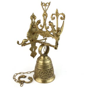 Large Brass Door Bell, Front Door Ringer, Ornate Cast Brass, Front Porch Manual Door Bell With Chain Hanger, Monastery Pull Chain Ringer