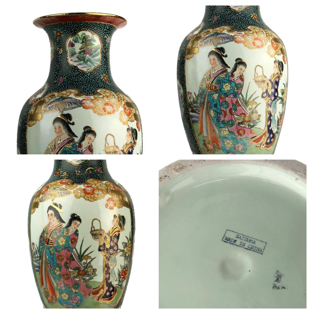 大きな薩摩陶器の花瓶セット、陶器製中国製花瓶、ビンテージフラワー