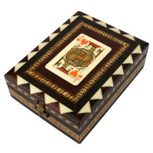 Boîte à cartes à jouer en bois, boîte à bijoux Jack of Hearts, décoration de bureau vintage, boîte doublée de velours rouge, porte-cartes français, petit cadeau pour lui