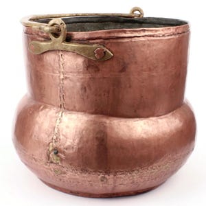 Antique Copper Cooking Pot With Brass Handle, Fireplace Copper Cauldron, Large Copper Planter, Firewood Storage, Vintage Copper Kitchen Pot