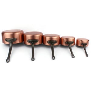French Copper Saucepan Set Of 5, Les Cuivres De Faucogney, Tin Lined Cookware With Iron Handles, Vintage Kitchen Decor, Tinned Frying Pans