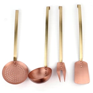 Copper And Brass Kitchen Utensil Set Of 4, Wall Hanging French Decor, Vintage Kitchen Gift Idea, Hanging Utensils, Skimmer, Ladle, Spatula
