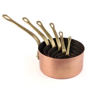 Koperen steelpan set van 6, met blik bekleed koperen kookgerei, vintage keuken koperdecor, ingeblikte braadpannen, kookpannen met messing handgrepen